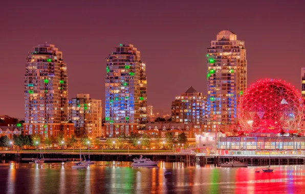 Building, yachts, Canada, panorama, Vancouver, Canada, night city, British Columbia