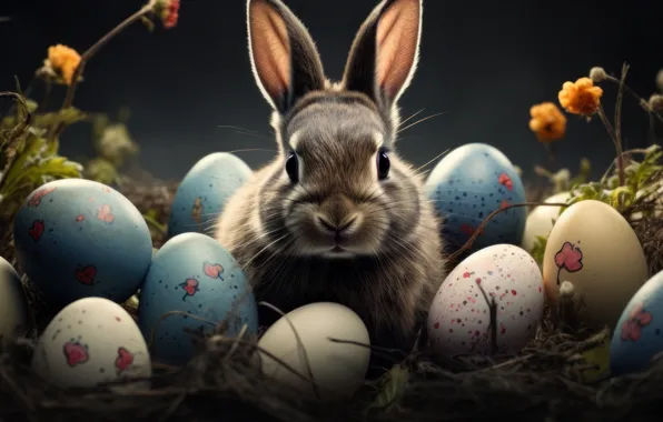 Look, light, flowers, nature, holiday, glade, hare, eggs