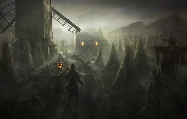 Picture house, people, art, mill, Halloween, Scarecrow