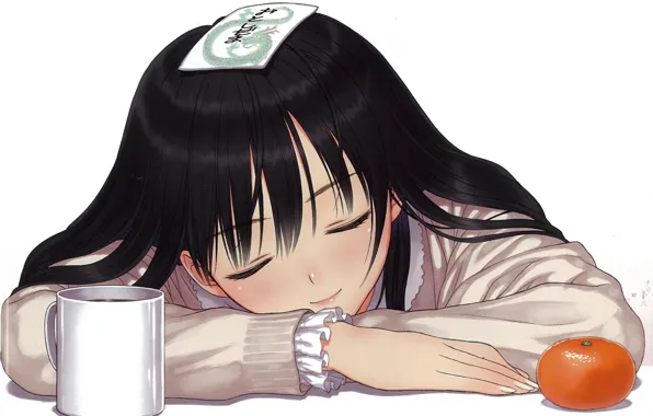 Picture orange, hands, sleeping, girl, mug, white background, art, print