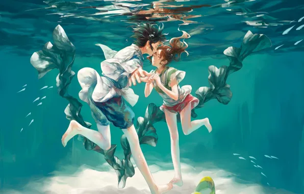 Picture girl, bubbles, anime, art, guy, under water, spirited away, spirited away