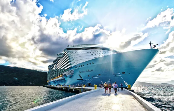 The sun, The sky, Clouds, Sea, Pier, People, Day, The ship