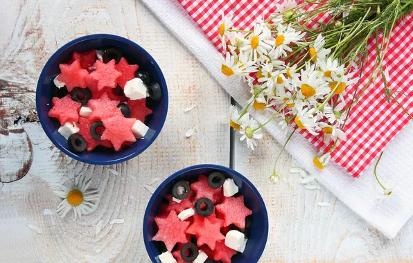 Picture flowers, table, chamomile, watermelon, cheese, stars, salad, olives