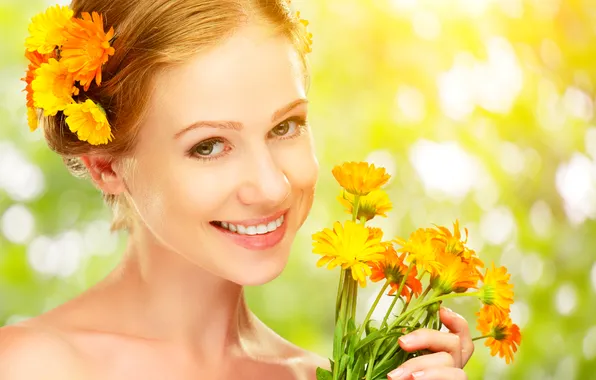 Picture girl, the sun, flowers, smile, glare, portrait, bouquet, yellow
