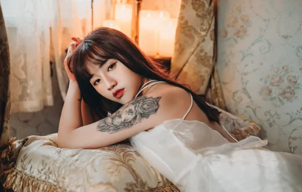 Picture look, girl, face, pose, hands, tattoo, Asian, red lipstick