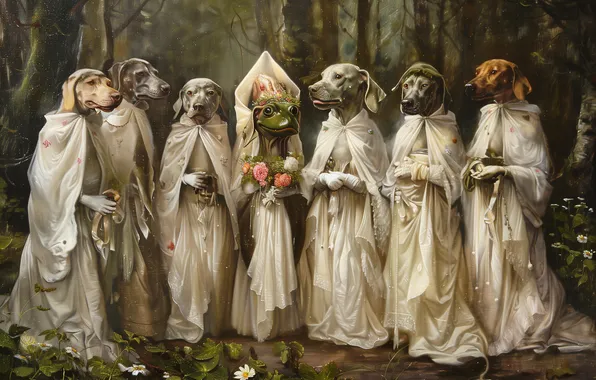 Forest, animals, dogs, flowers, frog, ritual, fantasy, gloves