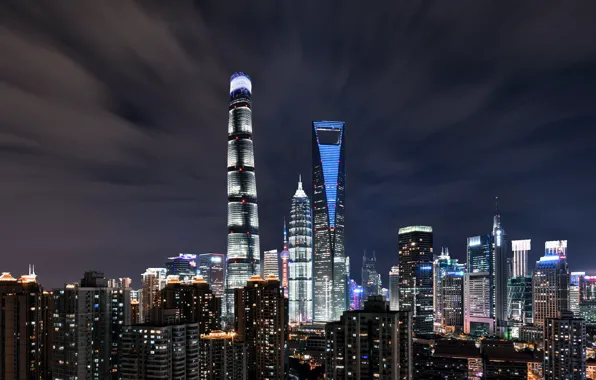 The sky, clouds, night, the city, lights, building, home, skyscrapers