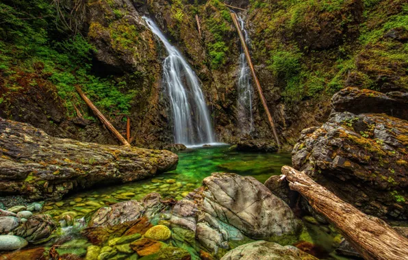 Stones, waterfall, HDR, Canada, Vancouver, Nahmint Wilderness