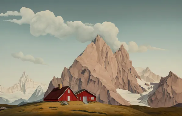 The sky, clouds, mountains, house, rocks, tops, house, imitation painting