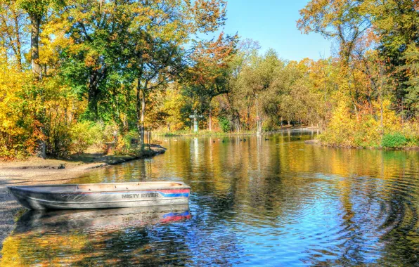 Autumn, trees, landscape, lake, Park, boat