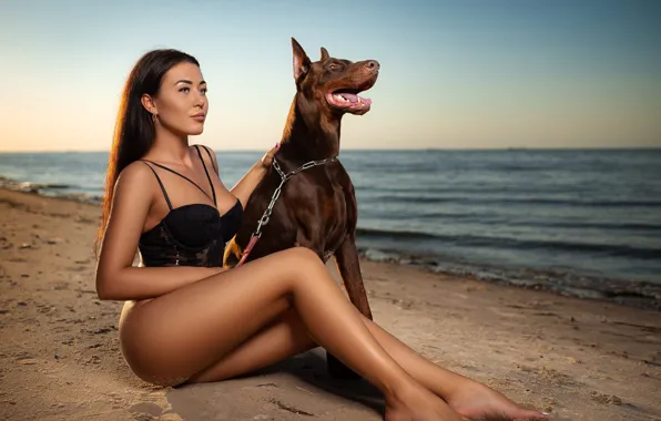 Picture sand, sea, beach, girl, pose, dog, legs, Sergey Gokk