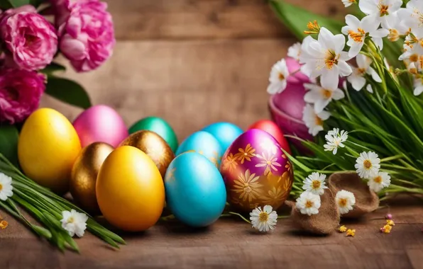 Flowers, eggs, spring, colorful, Easter, happy, flowers, spring