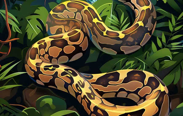 Snake, Leaves, Branches, Jungle, Art, Reptile, Animal, Digital art