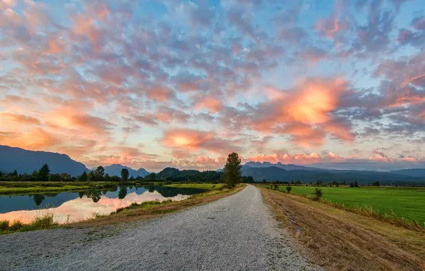 Road, the sky, clouds, trees, river, Canada, British Columbia, Canada