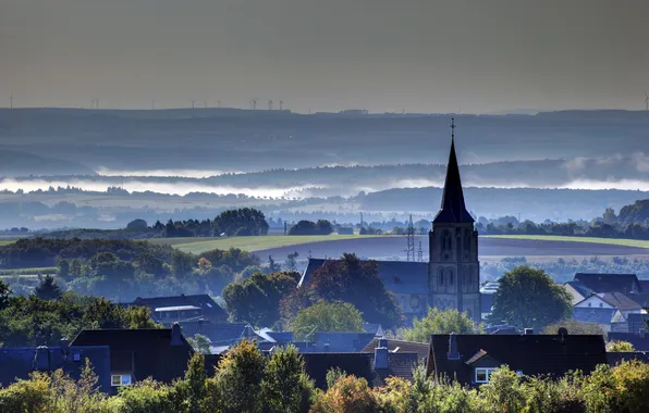 Fog, home, Germany, horizon, town, Landkern