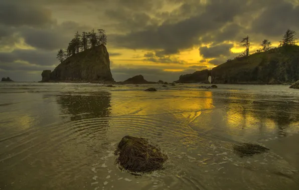 Sea, beach, clouds, sunset, rocks