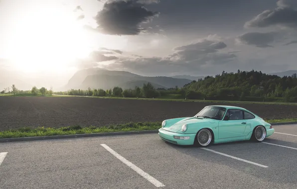Picture the sun, mountains, porsche, Porsche, 964