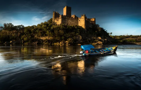 Picture river, castle, boat, Portugal, Almourol Castle