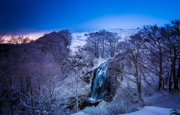 Trees, river, France, Winter, Waterfall, Winter, France, blue sky