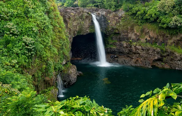 Greens, tropics, stones, rocks, waterfall, Hawaii, Hilo, Wailuku River State Park