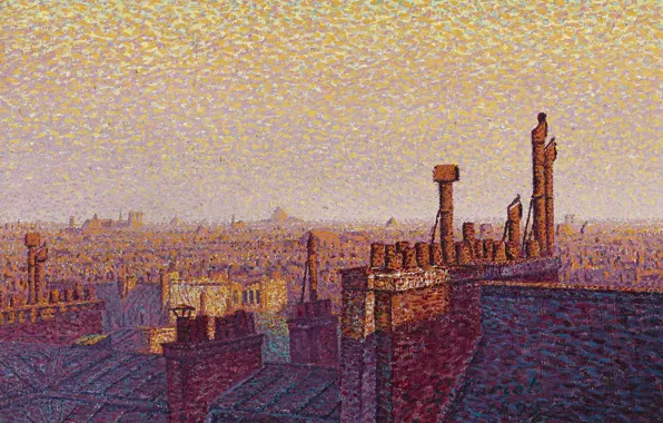 Picture, the urban landscape, Gustave Cariot, pointillism, Gustave Cairo, The Rooftops Of Paris. Sunset