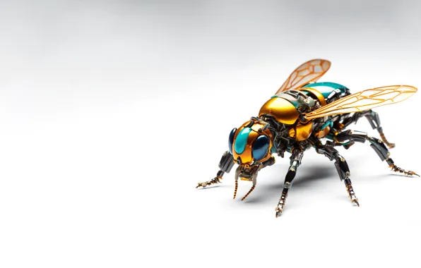 Fly, robot, technology, white background, insect, AI art, neural network, micro robot