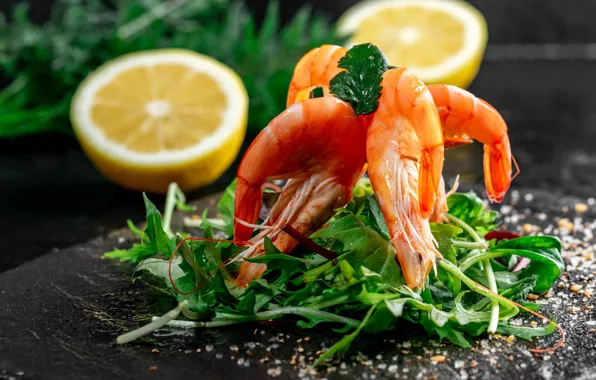 Greens, lemon, food, shrimp, spices, arugula
