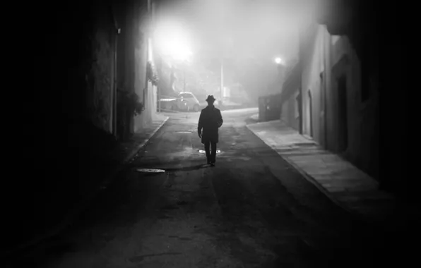 Street, fog, man, darkness