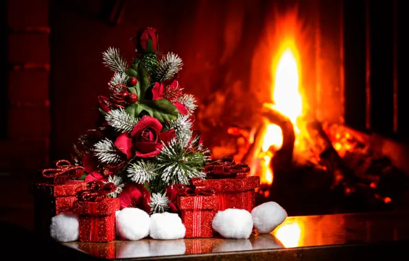 Comfort, tree, New Year, Christmas, gifts, fireplace, Christmas, New Year