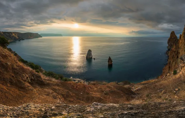 Sea, sunset, rocks, coast, Russia, Crimea, The black sea, Sevastopol
