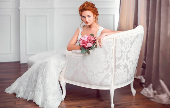 Flowers, bouquet, makeup, dress, hairstyle, red, beauty, sitting