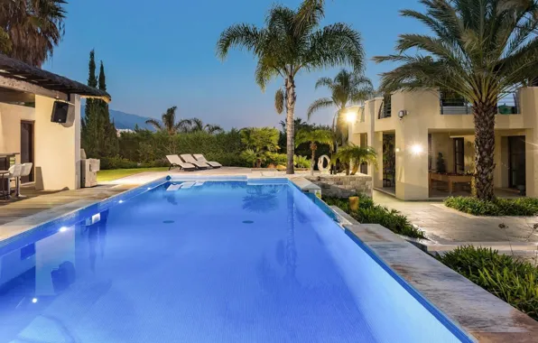 Palm trees, Villa, the evening, pool, architecture, dusk, luxury villa, azotea