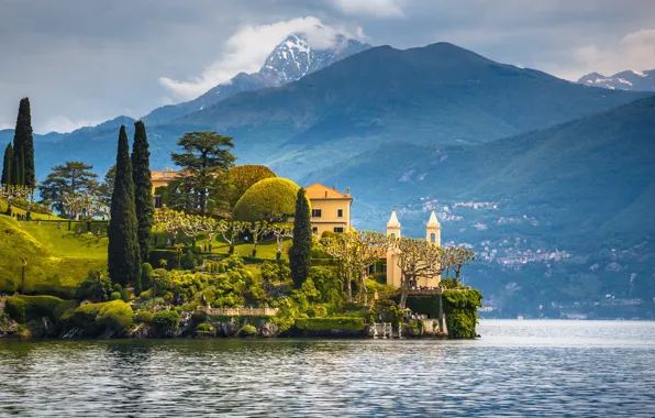 Trees, lake, home, Italy, Como
