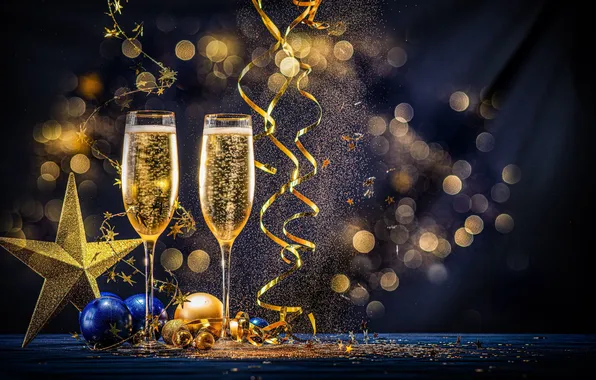 Light, decoration, lights, balls, star, glasses, Christmas, New year