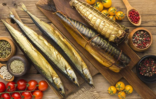 Picture tomatoes, food, smoked fish, fish, herring, mackerel