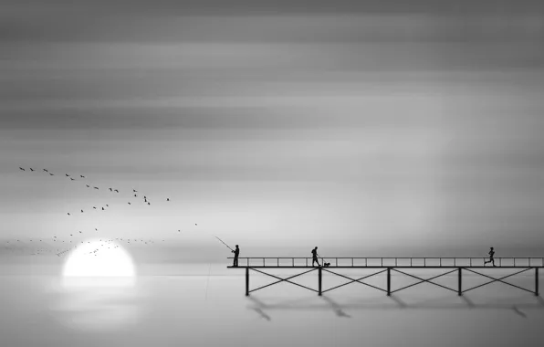 The sun, birds, people, pier, silhouettes