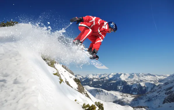 The sky, snow, mountains, jump, snowboard, sport