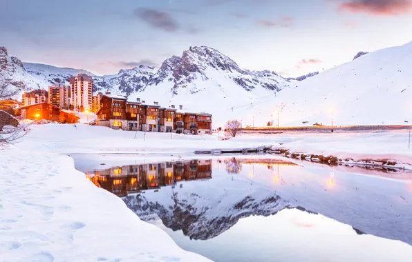 Winter, snow, mountains, lake, France, Alps, the hotel, resort