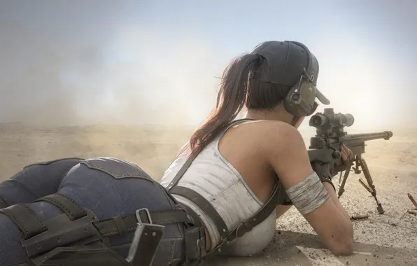 Picture Tomb Raider, gun, pistol, ass, desert, ponytail, women, jeans
