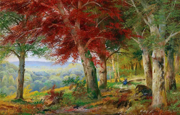 Trees, Stream, Picture, Alois Arnegger, Autumn forest, Alois Arnegger, Austrian painter