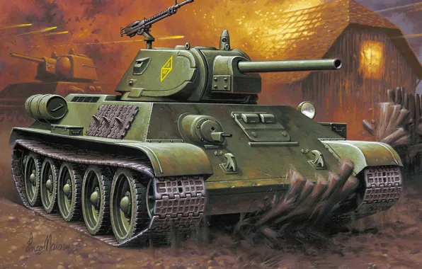 Picture figure, art, tank, the battle, Soviet, average, T-34-76, WW2.