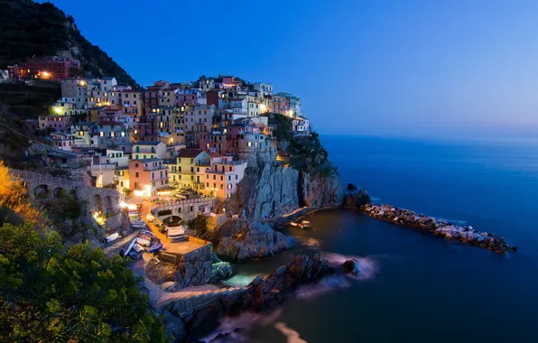 Picture night, the city, photo, lights, Italy, Riomaggiore, Liguria