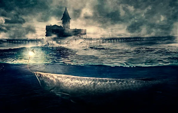 Picture wave, fantasy, fish, pier, art, lantern, Big Fish