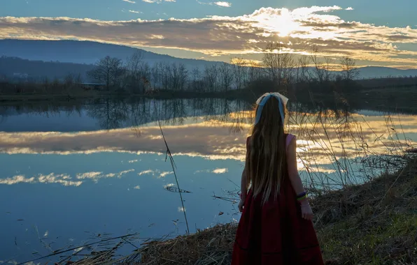 River, hair, spring, the evening, dress, girl