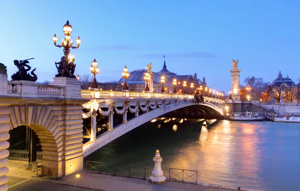 Picture bridge, river, France, Paris, morning, lights, boats, Palace