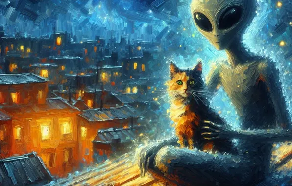 Roof, cat, the sky, eyes, cat, look, light, night