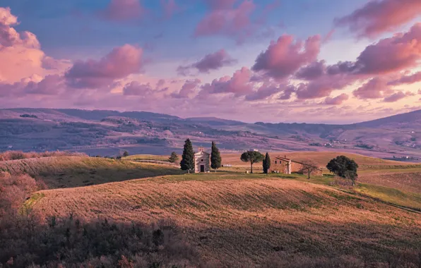 Mountains, hills, Italy, chapel, Tuscany