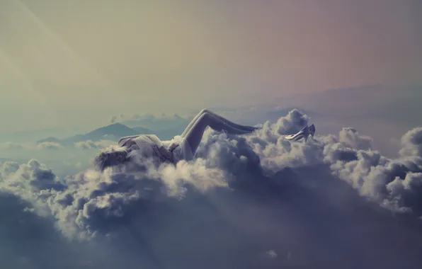 Picture girl, clouds, creative, fantasy, stay, blonde, shoes