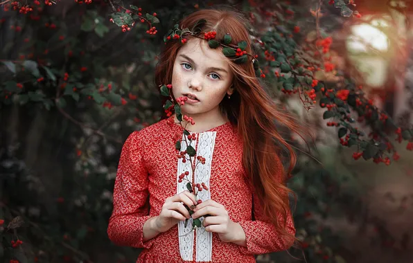 Picture look, branches, berries, sprig, mood, hair, portrait, girl
