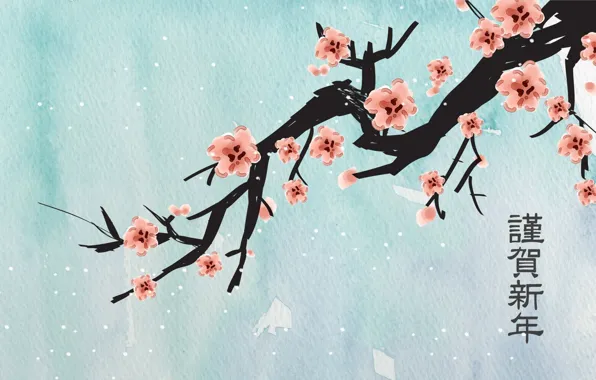 Picture flowers, snowflakes, figure, branch, Sakura, characters, blue background